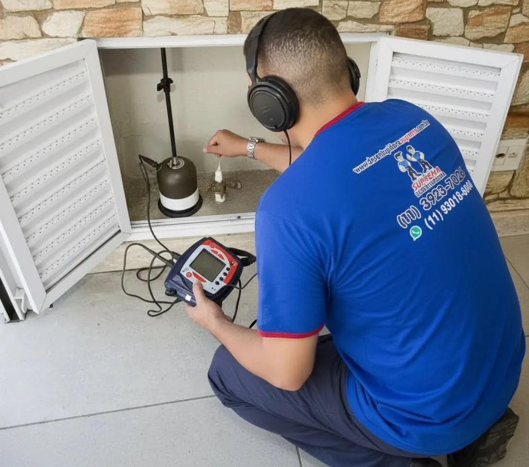 Técnico da Suprema localizando vazamento com geofone eletrônico em Ibirité, Minas Gerais